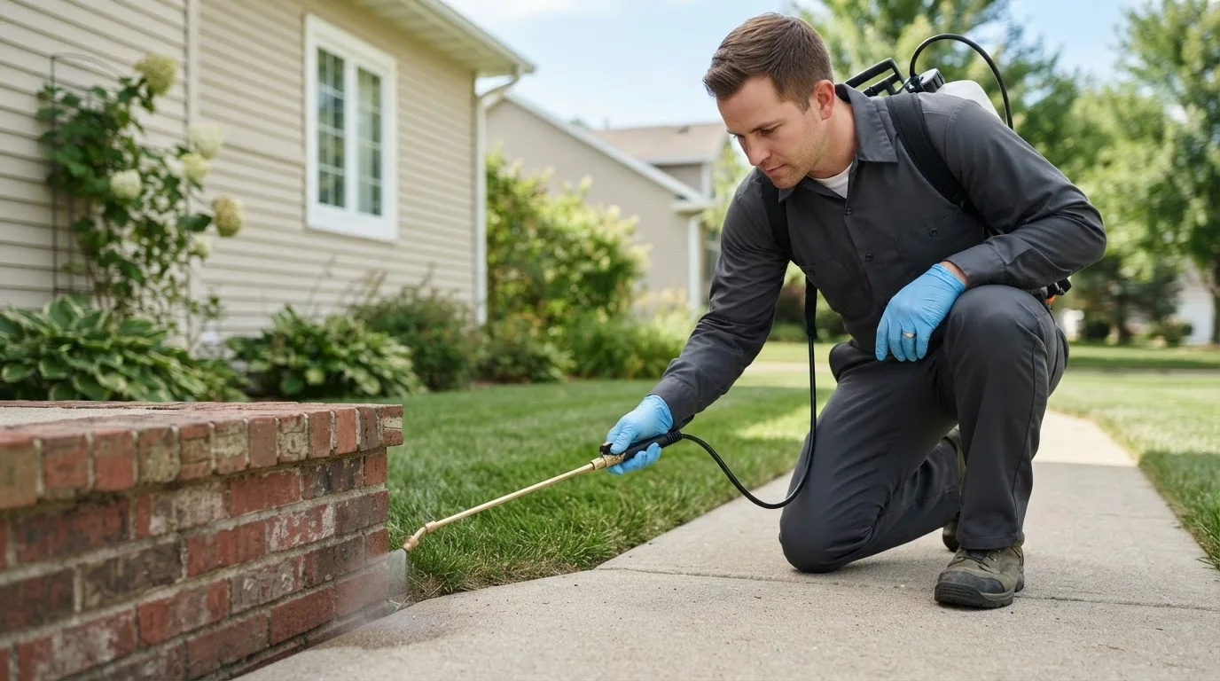 Pest control technician treating a home near Mcintyre, GA
